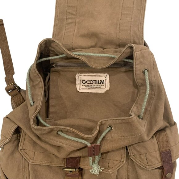 Classic Rucksack Canvas Large Backpack- Tan Unisex - Canvas Bag w/ Leather Trim - Picture 11 of 15